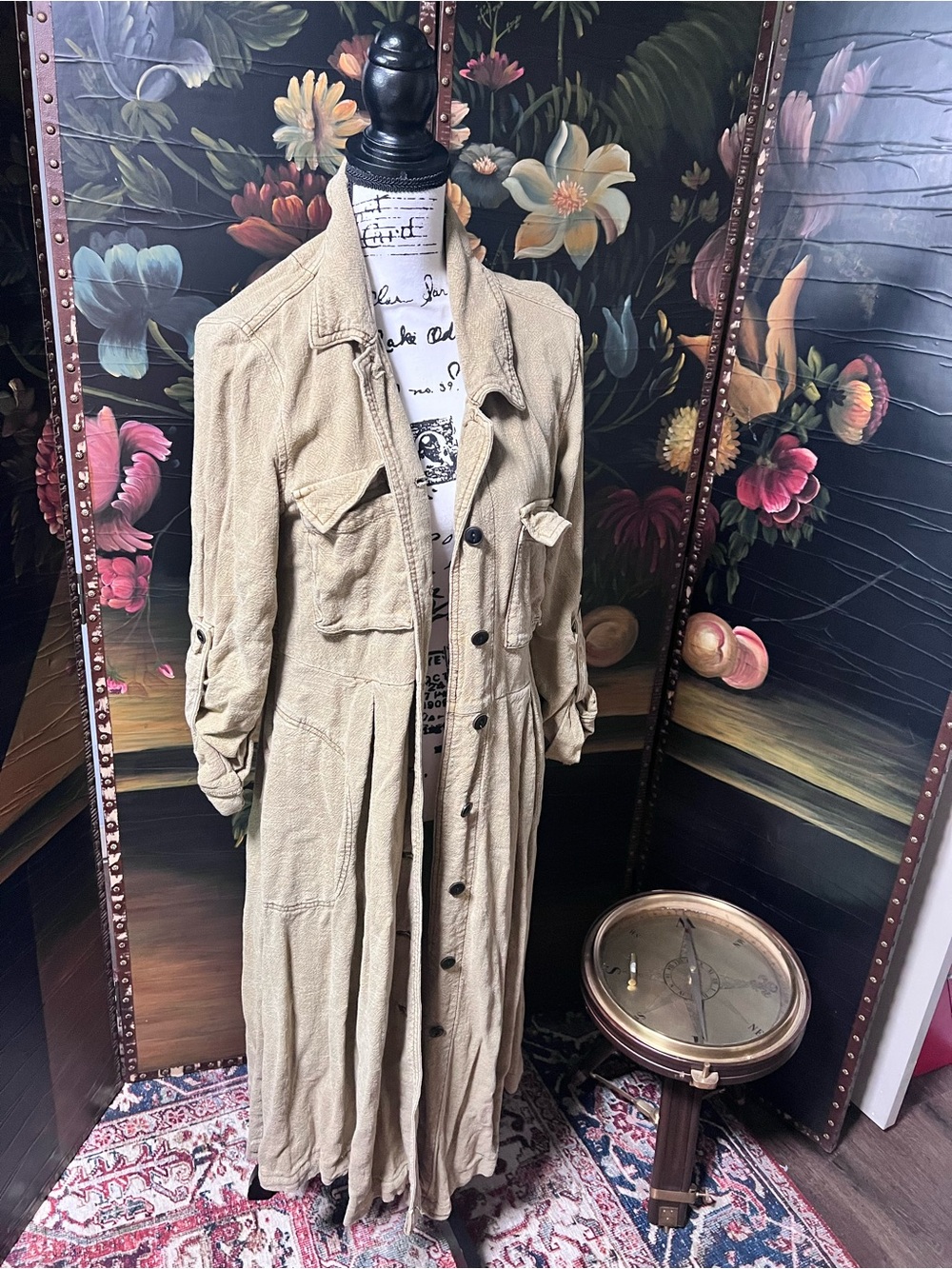 Free People Rainz Long Duster Jacket Marsh Green, M - Picture 1 of 7